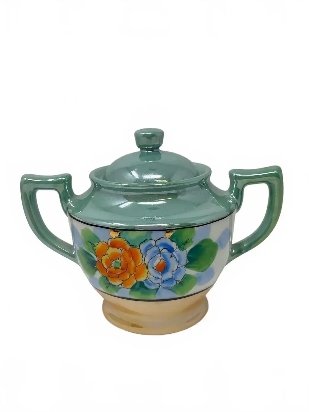 Vintage Lusterware Covered Sugar Bowl Hand Painted Floral Green Maple Ware Japan